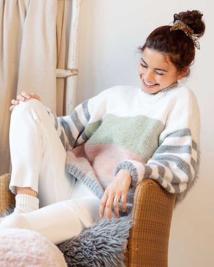 Sweater with block stripes and balloon sleeves