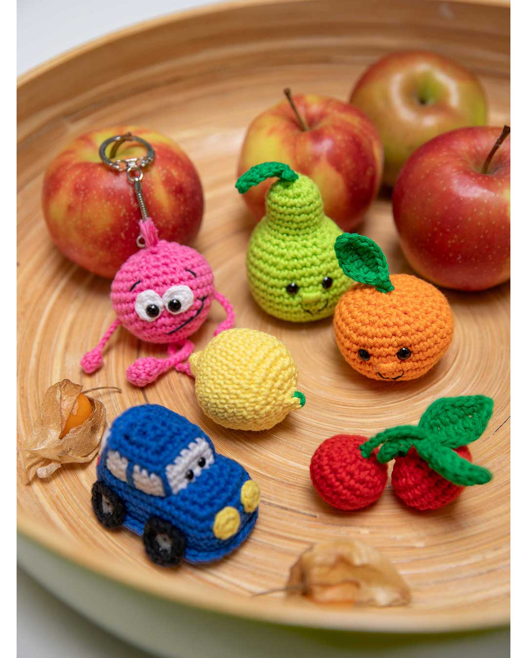 Amigurumi set “Happy” - lemon, mandarin, pear, cherries,
 Smiley, car