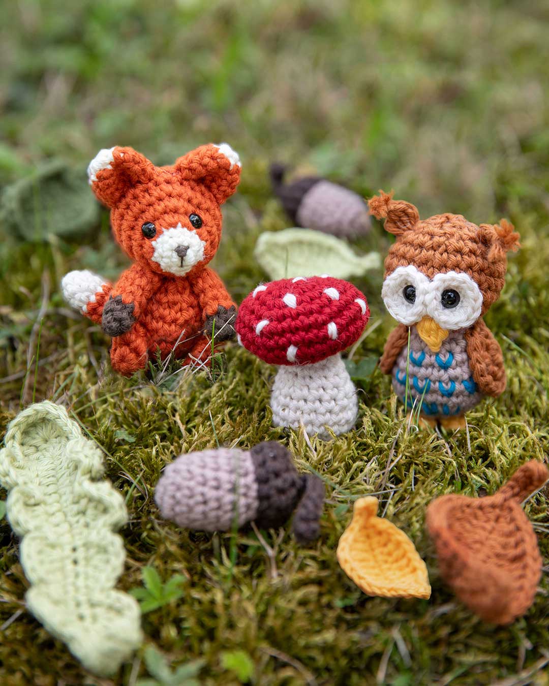 Amigurumi-Set „Nature“ - Eule, Fuchs, Pilz, Eichel, Blätter